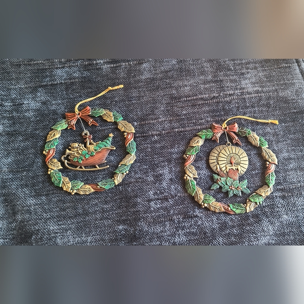 Vintage Russ metal wreath ornaments with original packaging